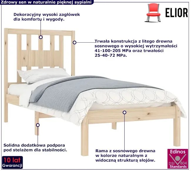 Pojedyncze naturalne łóżko sosnowe 90x200 - Pierot 3X