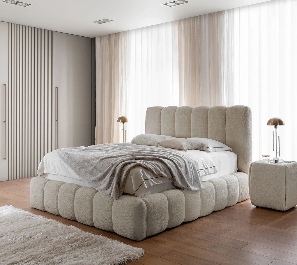 Beżowe łóżko tapicerowane boucle 5 rozmiarów D6-F70