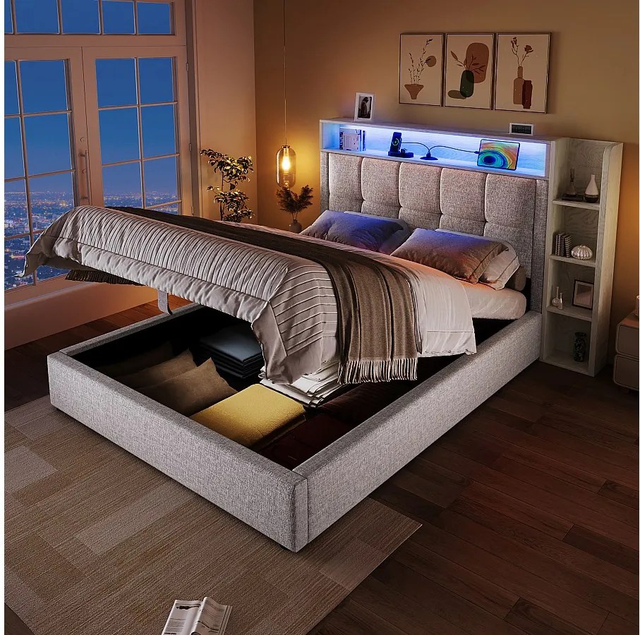 Łóżko tapicerowane z pojemnikiem - 90 x 200 cm - z portem USB, oświetleniem LED, zagłówkiem i półką - len - beż