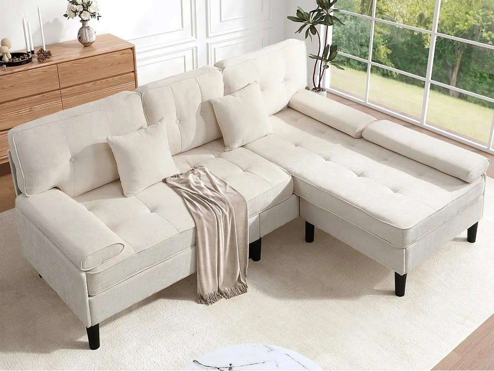 Kanapa narożna w kształcie litery L 3-osobowa - z 2 poduszkami - Odłączany puf - Tkanina chenille - Beżowy