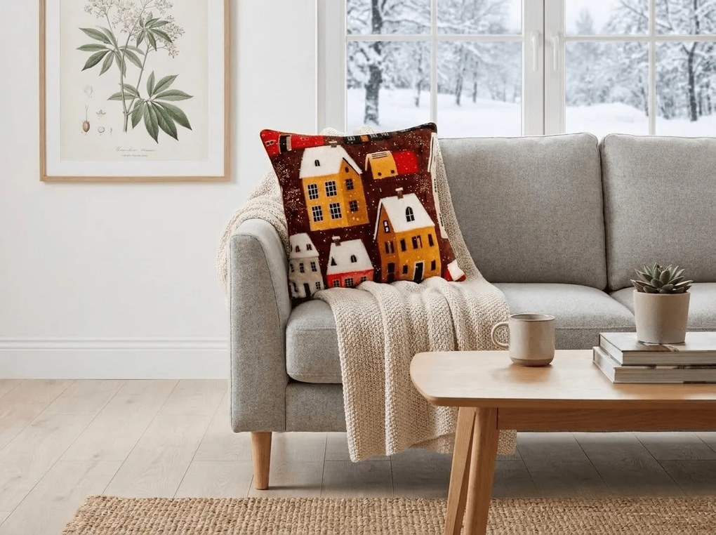 Mikropluszowa poszewka na poduszkę SNOWY VILLAGE 45x45 cm, kolorowa