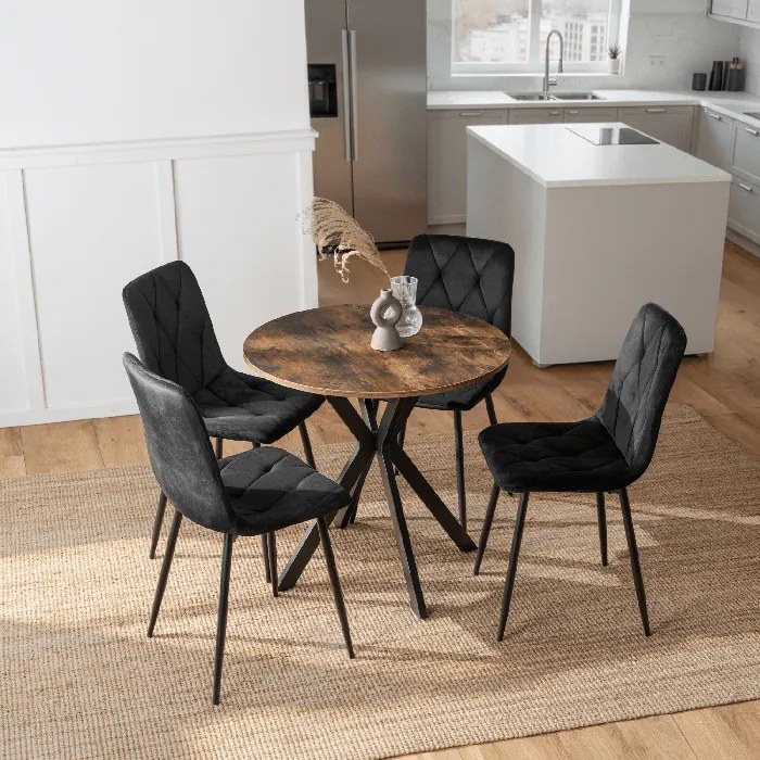 Zestaw Stół Okrągły LAUREN 90 cm Dąb Rustykalny/Czarny i 4 Krzesła ROBIN Czarne
