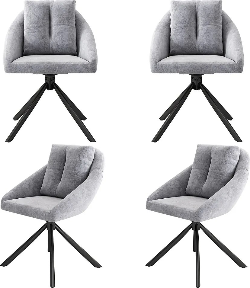 Zestaw 4 obrotowych krzeseł do jadalni, szary aksamit, krzesło z tapicerowanym oparciem, czarne metalowe nogi