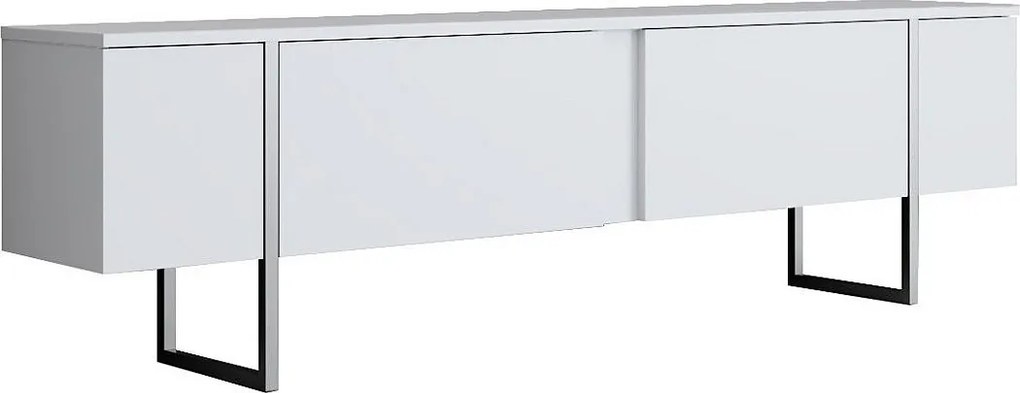 Stojak pod telewizor – 180 cm szerokości, 30 cm głębokości, 50 cm wysokości – Kolor biały i srebrny – Płyta wiórowa pokryta melaminą