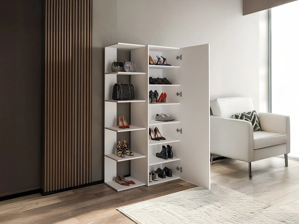 Szafka na buty z 4 półkami i 1 lustrem drzwiowym - Biały - SYLANY