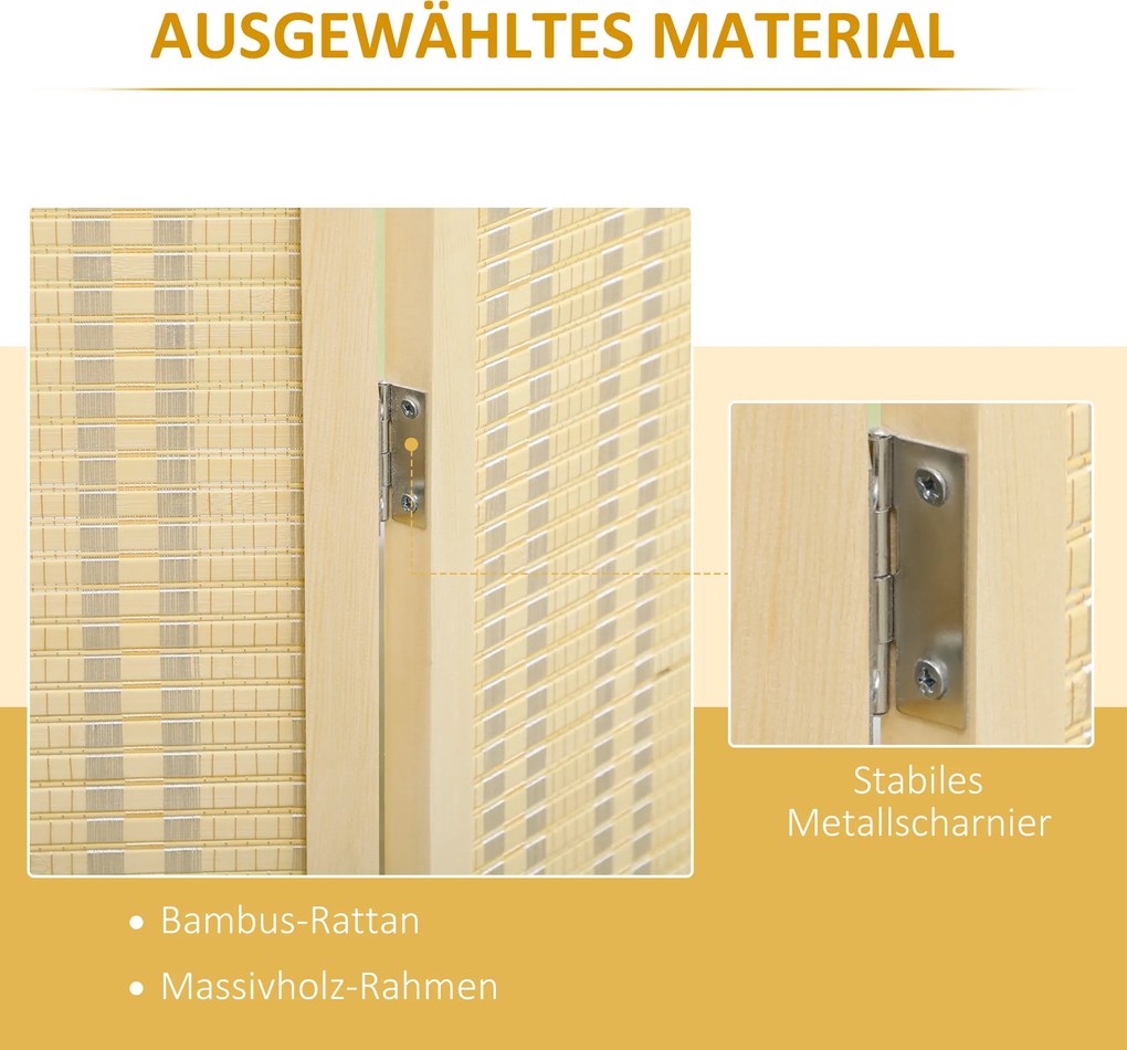 HOMCOM 4-częściowy Parawan 180 x 180 cm, Składany Ekran z Bambusa i Bawełny do Salonu, Sypialni, Naturalny