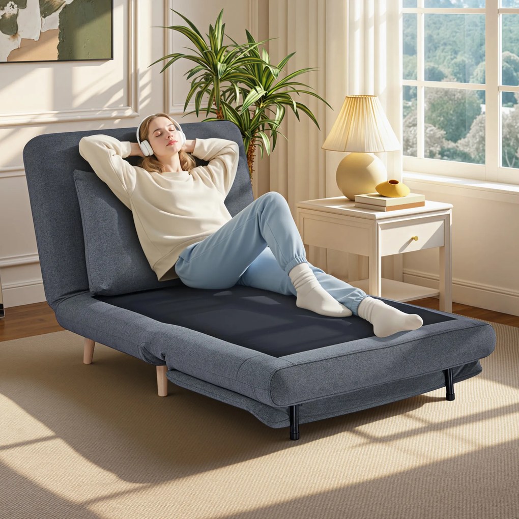 HOMCOM Fotel do spania 3-w-1 z funkcją łóżka, leżanka, regulowane oparcie, nogi z drewna bukowego, poduszka, szary