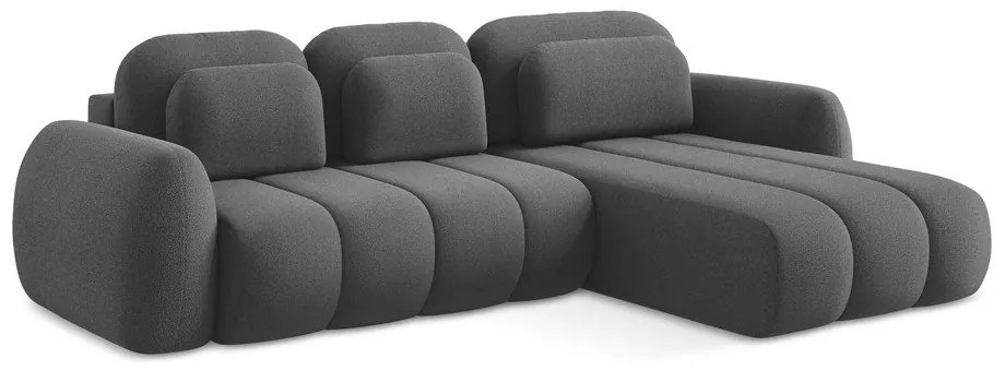 Ciemnoszary rozkładany narożnik z materiału bouclé ze schowkiem (prawostronny/z szezlongiem) Pele – Makamii