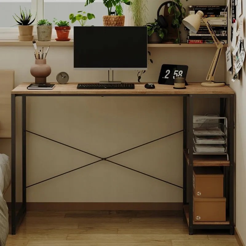 Biurko komputerowe stół loft jasny brąz nowoczesne z półkami industrialne