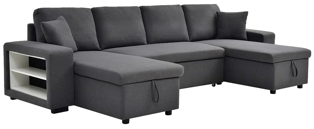 Kanapa narożna rozkładana z miejscami do przechowywania i pufami w tkaninie szarej antracytowej SELIM