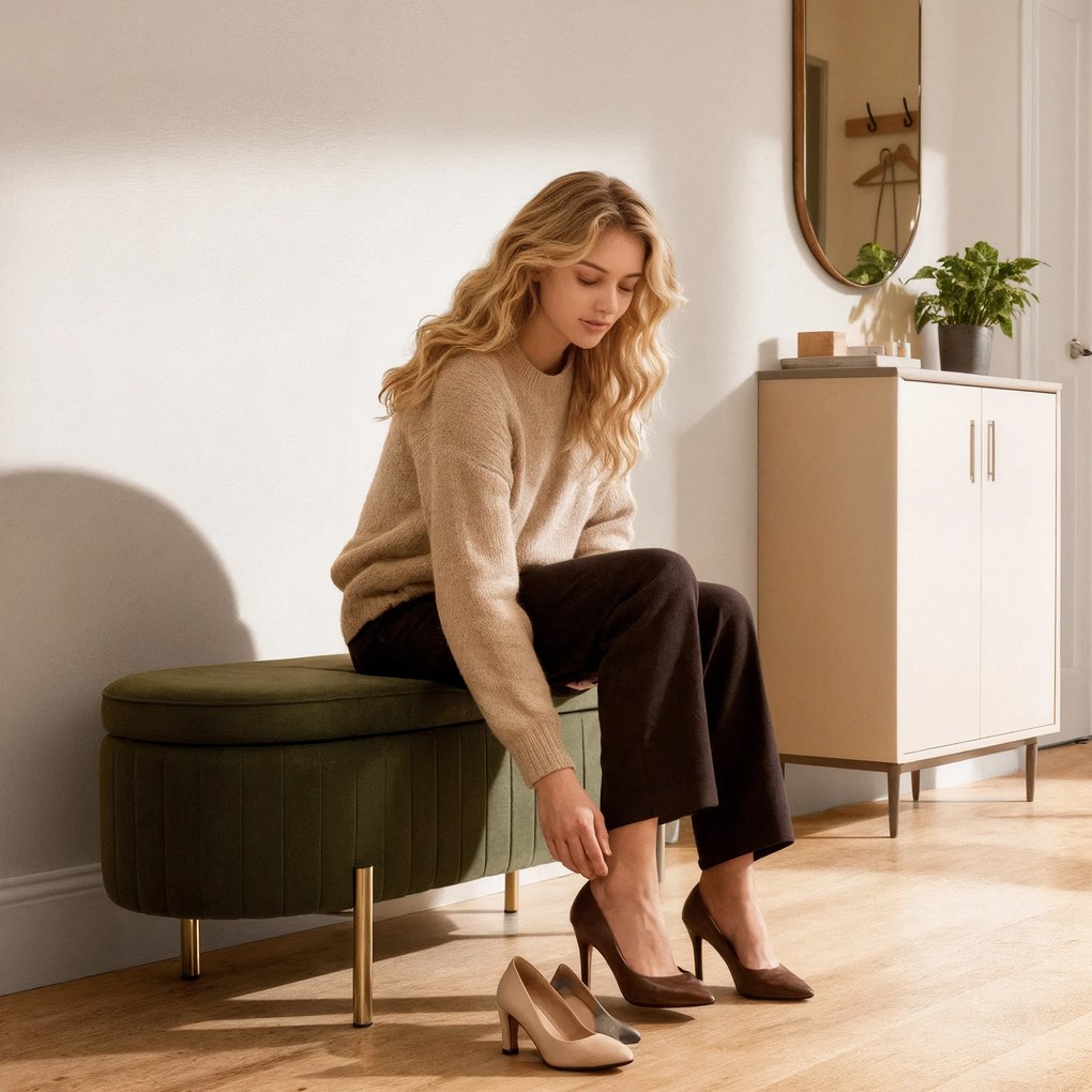 HOMCOM Ławka do przechowywania Owalna z 72L pojemności i otwieranym przykryciem w aksamicie i drewnie, 108x44x43,5 cm, Zielona