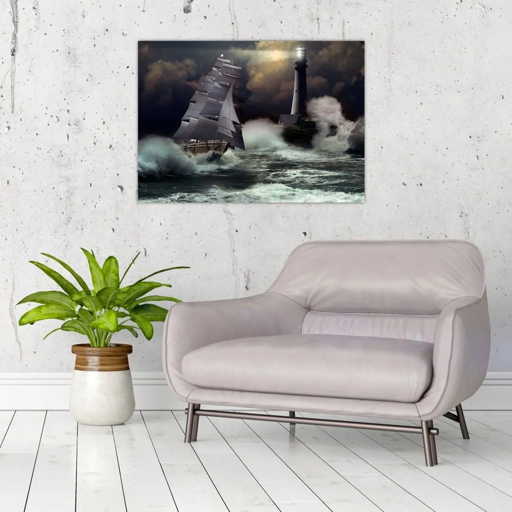 Obraz - Statek płynący przez wzburzone fale (70x50 cm)