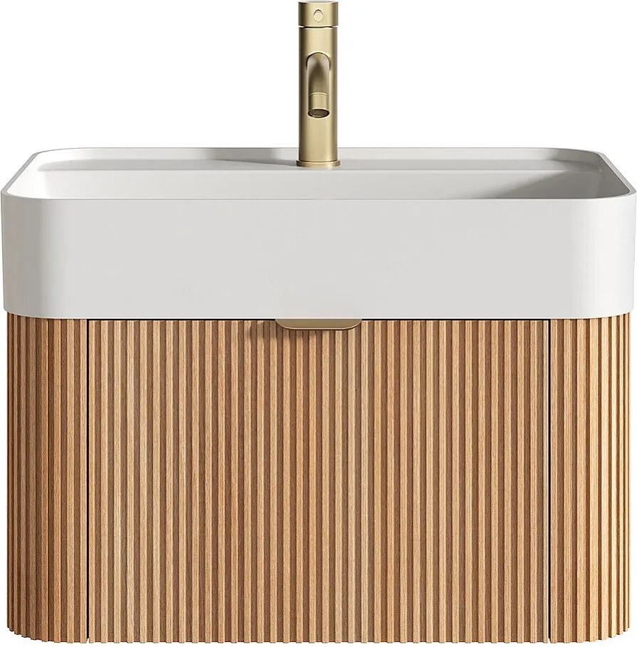 Wisząca szafka łazienkowa z prążkowanego drewna jesionowego z umywalką podblatową do zabudowy i baterią - Jasny naturalny - 60 cm - BULMAS