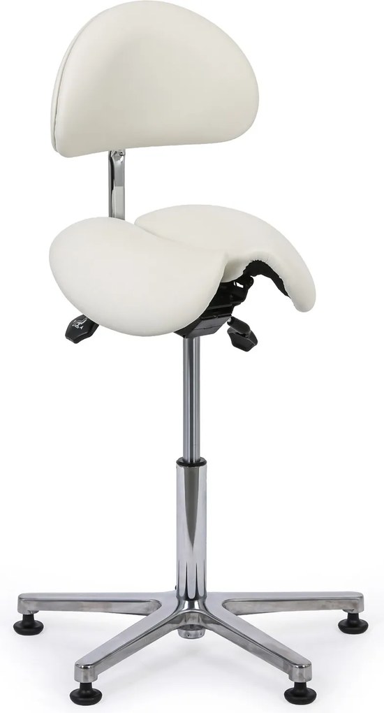 Taboret roboczy z oparciem ARDO, siedzisko w kształcie siodła, na ślizgaczach, biała