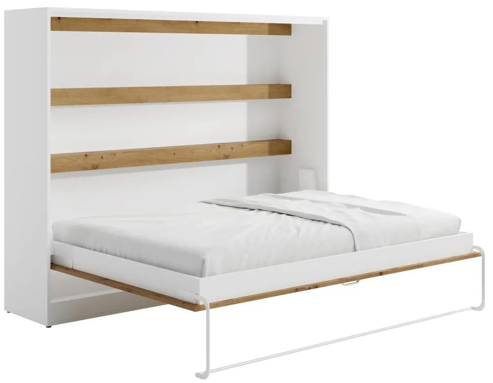 Łóżko chowane w szafie 140 × 200 cm – Otwieranie poziome manualne – oświetlenie LED – Białe i naturalne – RAPILI