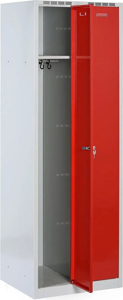 Metalowa szafka ubraniowa S8 na cokole, 2-drzwiowa, 1800 x 600 x 500 mm, zamek obrotowy, drzwi czerwone