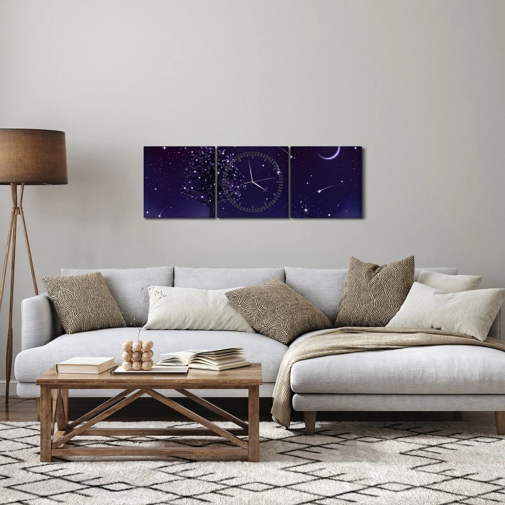 Obraz - Noc uchwycona przez ilustrację (z zegarem) (90x30 cm)