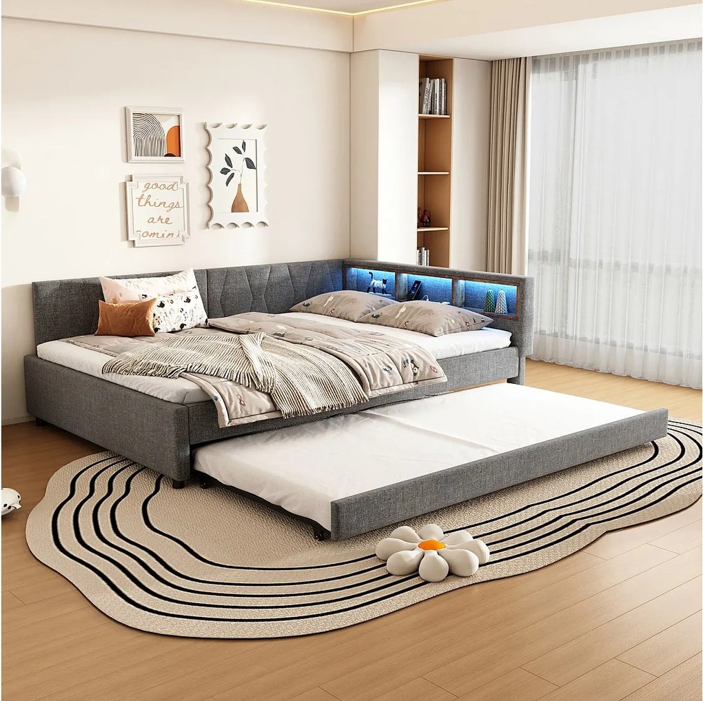 Sofa dziecięca z funkcją spania - 140 x 200 cm - pojemnik nad łóżkiem - z USB + diodami LED - z wysuwanym łóżkiem 90 x 190 cm - len + płyta MDF - szara