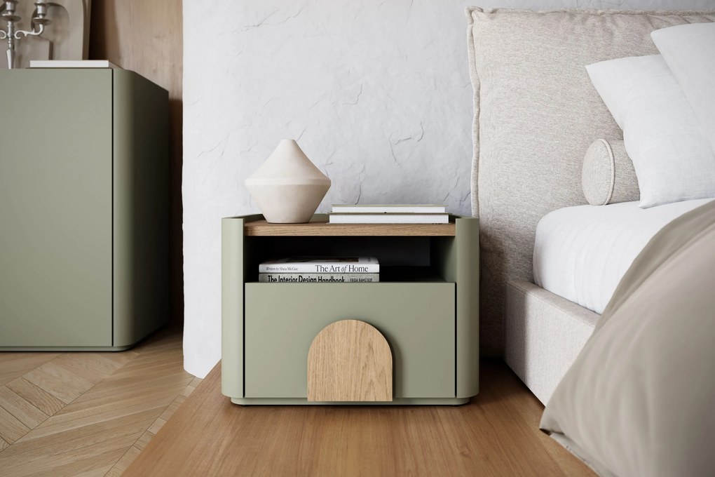 Szafka nocna Amilio z szufladą 50 cm - eukaliptus / dąb baltic dune / uchwyty dąb naturalny