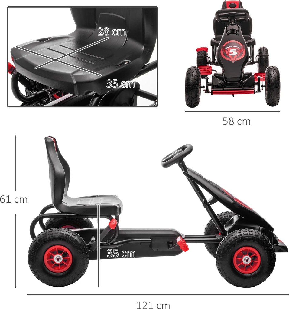 HOMCOM Gokart dla dzieci z pedałami, regulowanym siedziskiem, do użytku wewnątrz i na zewnątrz, od 5 lat, Czerwony+Czarny, 121 x 58 x 61 cm