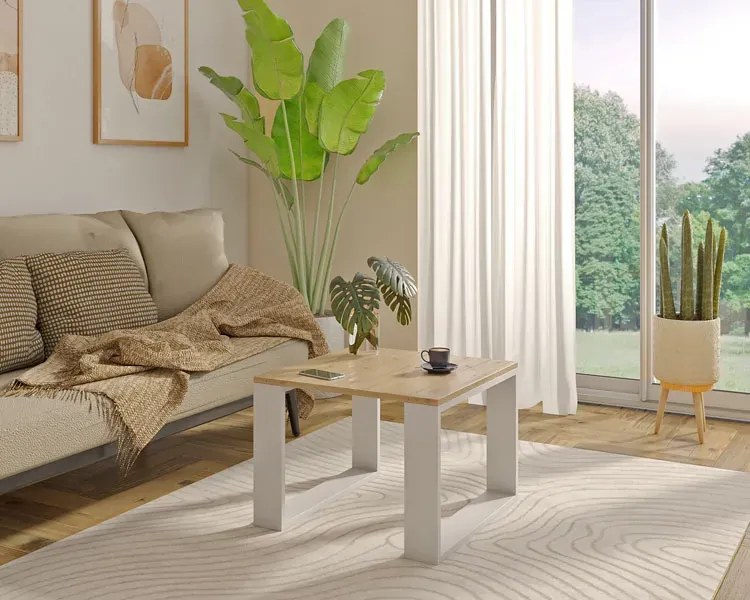 Kwadratowy stolik kawowy do salonu dąb artisan + biały H2-N39