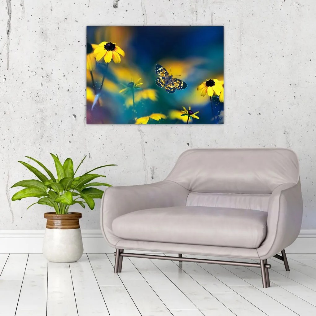 Obraz - Żółty motyl z kwiatami (70x50 cm)
