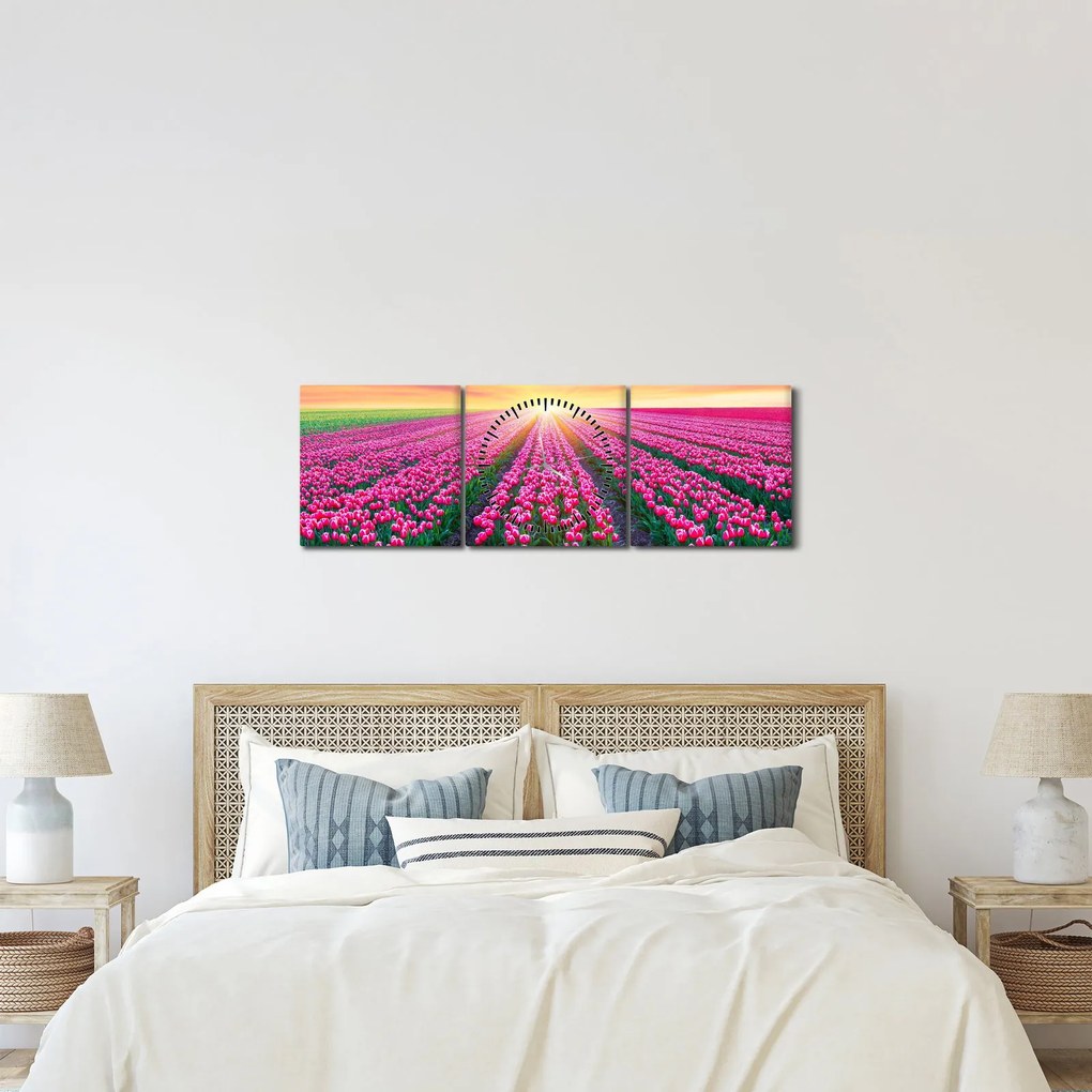 Obraz pole tulipanów ze słońcem (z zegarem) (90x30 cm)