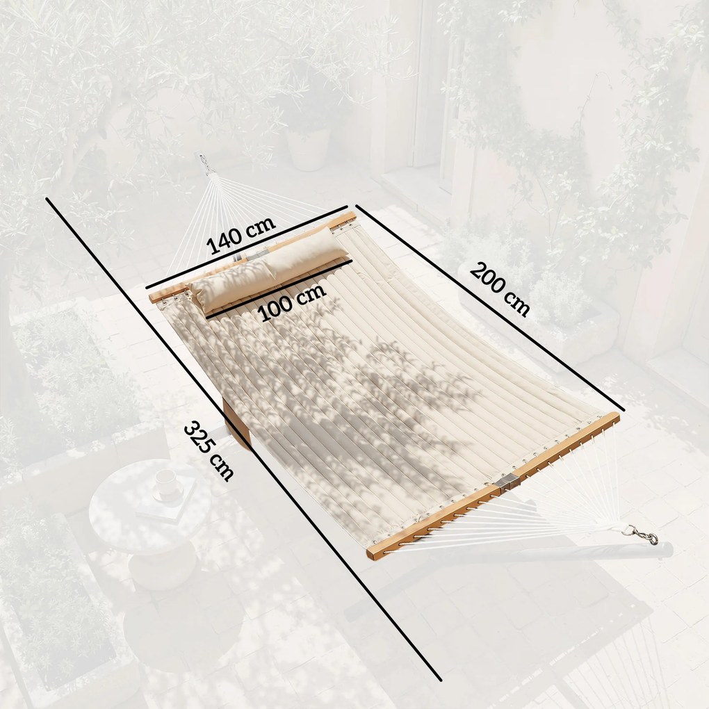 Outsunny Hamak Zewnętrzny 200x140 cm, Dwuwarstwowy Hamak z Zagłówkiem, Kieszenią na Magazyny i Drewnianymi Drążkami, do 200 kg | Aosom PL