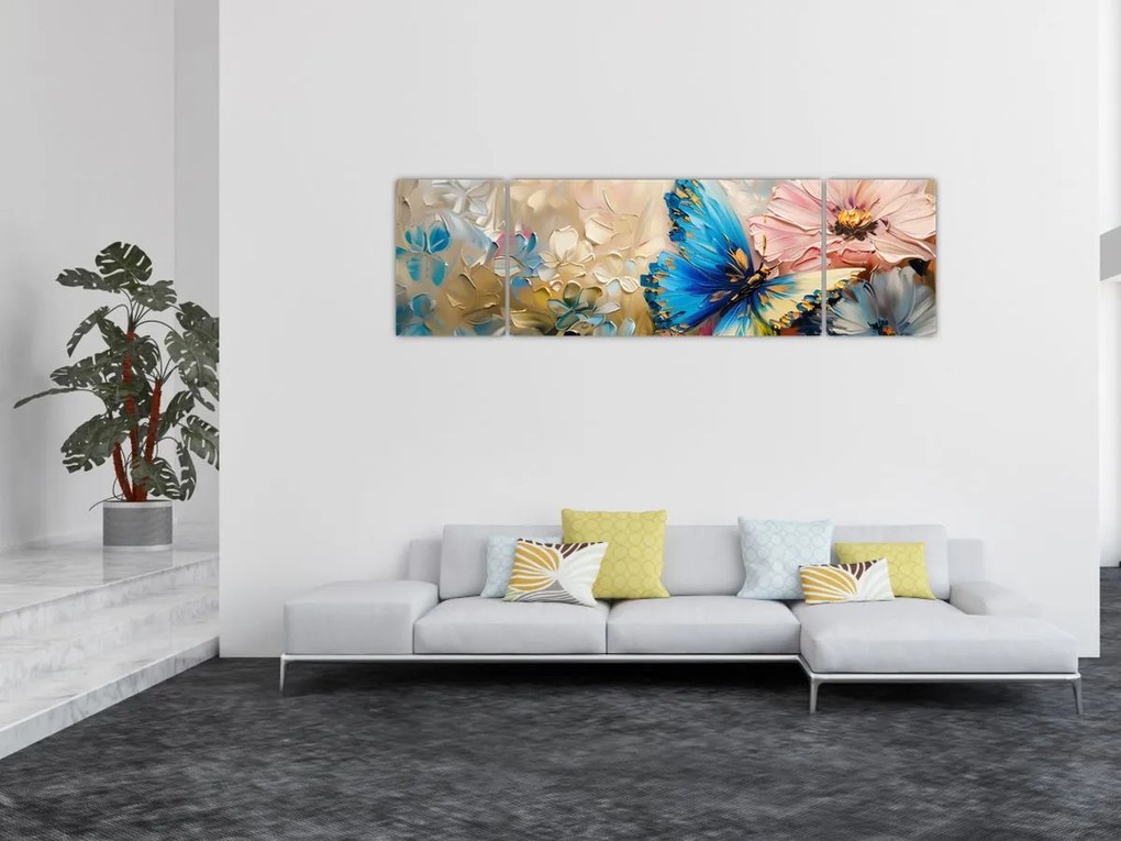 Obraz - Malowanie kwiatów i motyli (170x50 cm)