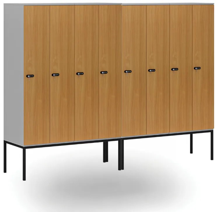 Drewniana szafa ubraniowa S4 z podstawą, 4-drzwiowa, 1871 x 1200 x 500 mm, demontaż, zamek mechaniczny z kodem, szary/orzech