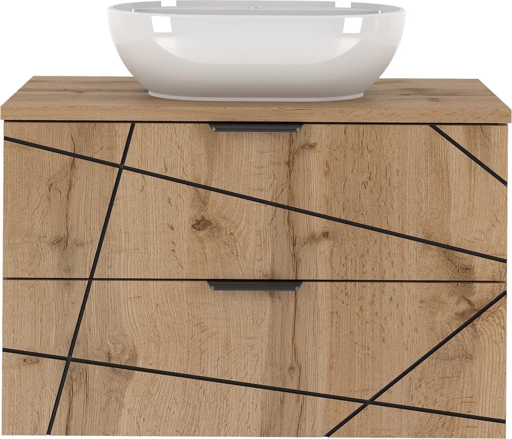 Szafka do łazienki z umywalką nablatową Wood 01, dąb wotan, 80 cm - zestaw 2
