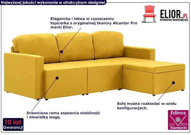 Rozkładana sofa modułowa żółta tkanina - Odi 4Q