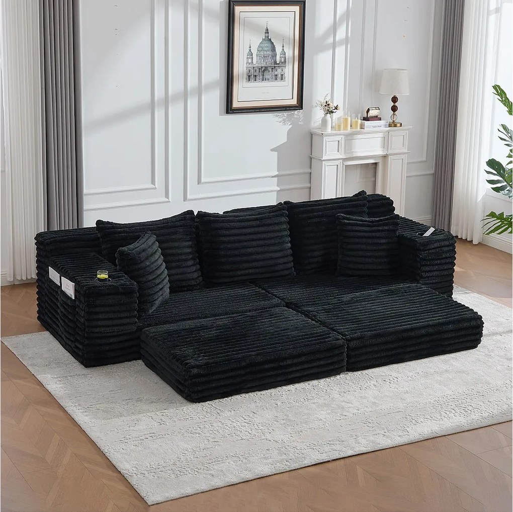 Modułowa sofa 2-osobowa w sztruksie - 107 x 38 x 34 cm - z poduszkami + kieszeniami + uchwytami na kubki - czarna