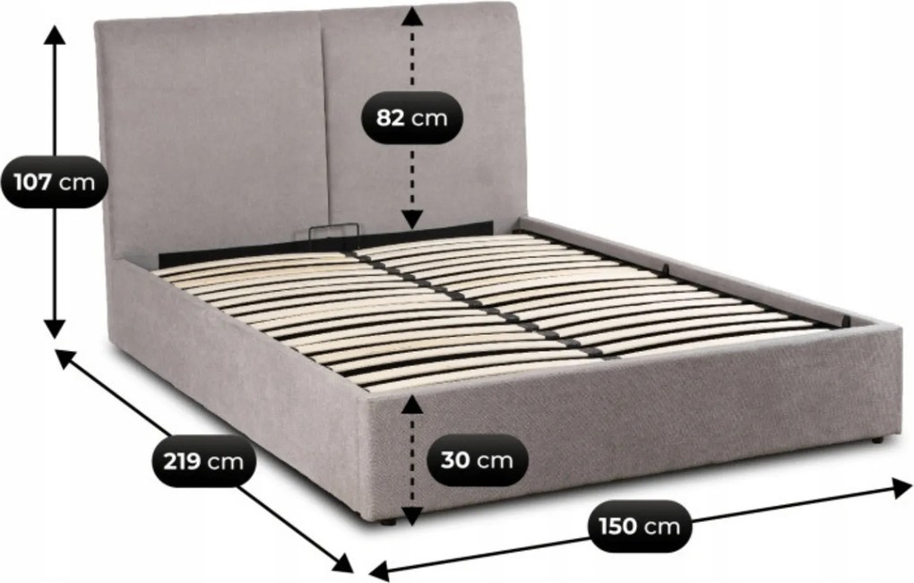 Łóżko Tapicerowane 140x200 cm MARSYLIA ze Stelażem i Pojemnikiem Dwuosobowe Szare