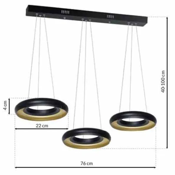 LAMPA WISZĄCA Potrójna czarna-złota RONDO NERO 36W LED