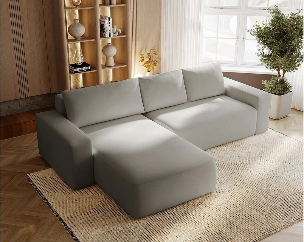 Emporius Aldo L narożnik do salonu - sofa z funkcją spania i pojemnikiem - nowoczesny styl, lewostronny, tkanina aksamitna, jasny szary (Komodo 20)