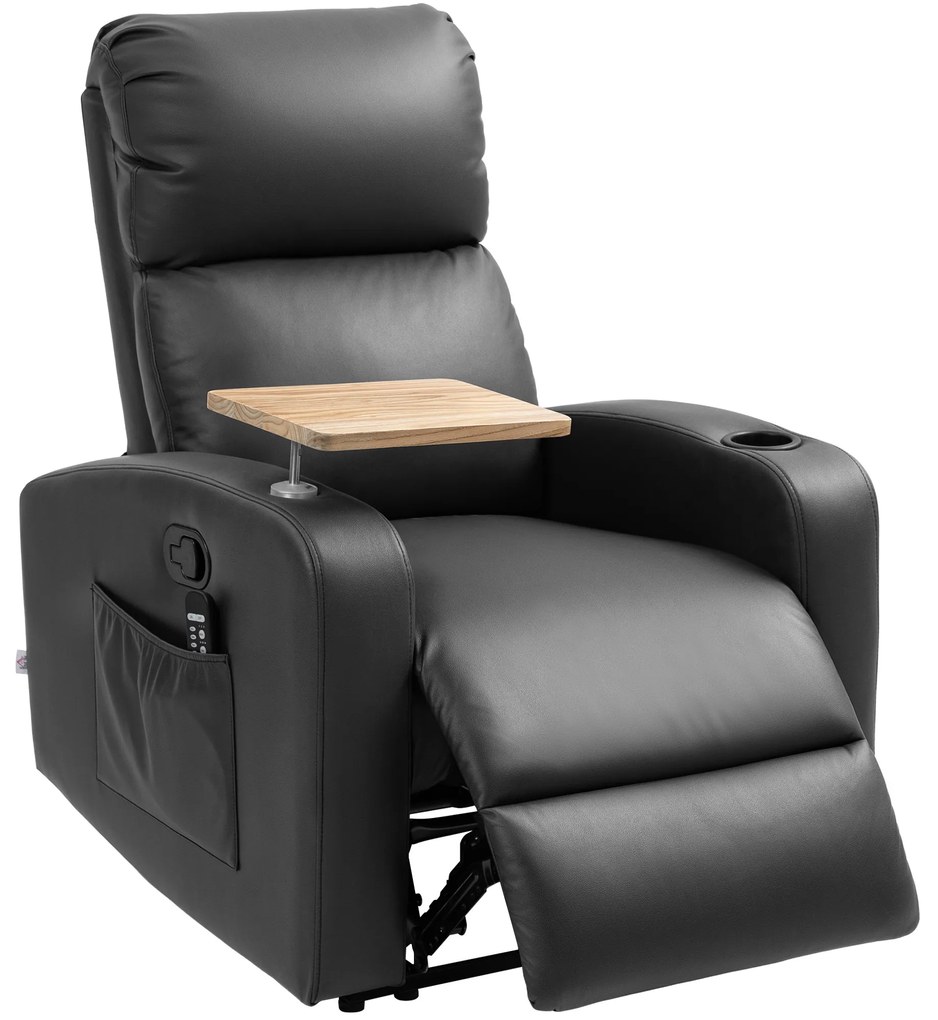 HOMCOM Fotel Masujący Relax z Funkcją Leżenia, 1 Stolik Składany, 1 Podnóżek; 77 cm x 93 cm x 105 cm, Czarny