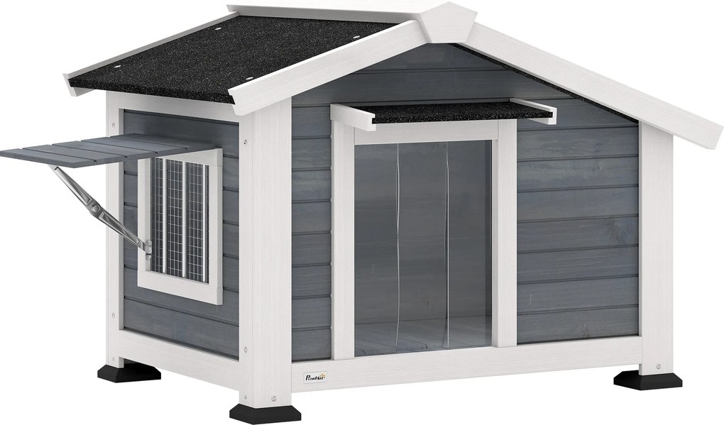 PawHut Buda dla psa drewniana, wodoodporna, z wyjmowaną podłogą, otwieranym oknem i dachem z asfaltu, 98 x 76 x 69,5 cm, szara | Aosom PL