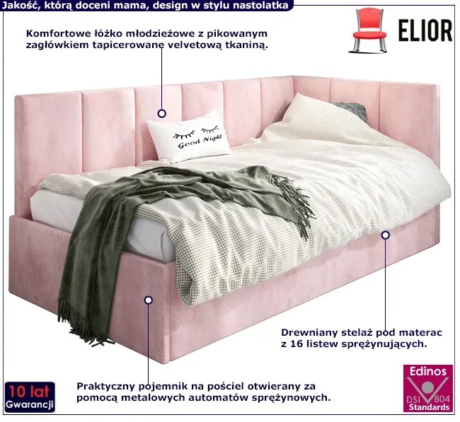 Różowa młodzieżowa sofa welurowa z pojemnikiem 120x200 - Golones 5X