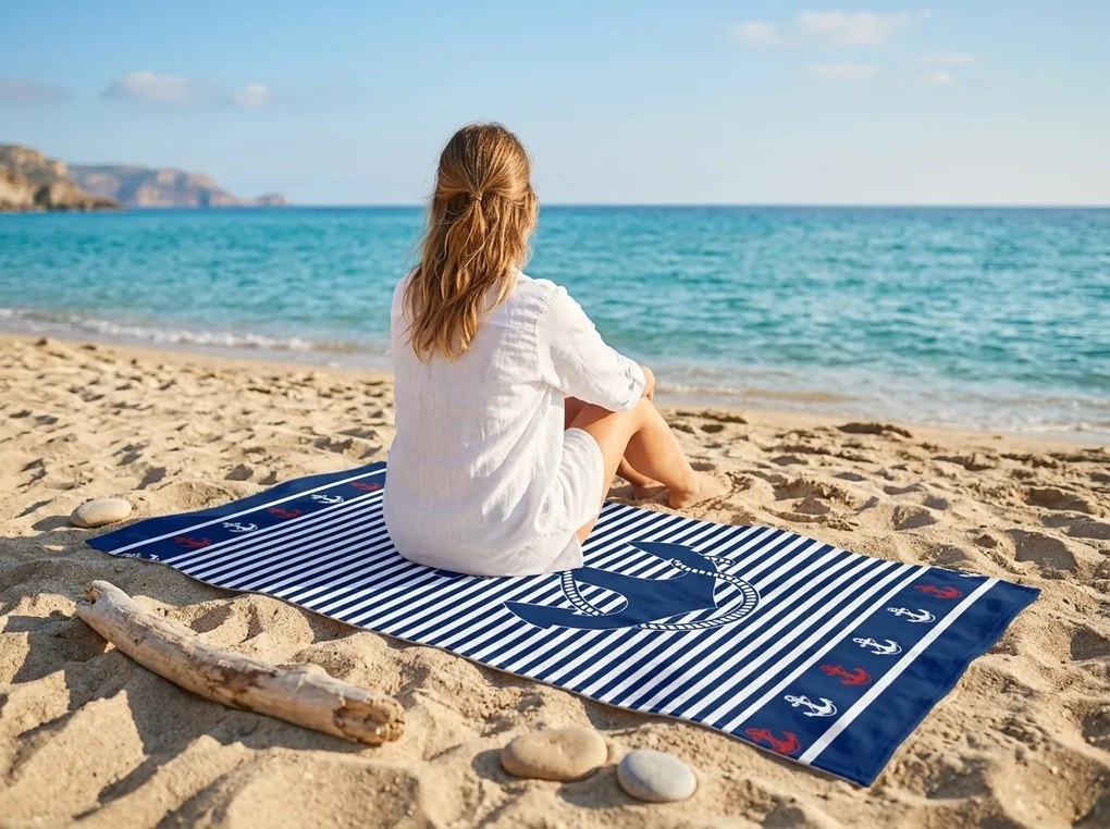 Szybkoschnący ręcznik plażowy MARITIMO niebiesko-biały 70 x 140 cm, 100% mikrofibra