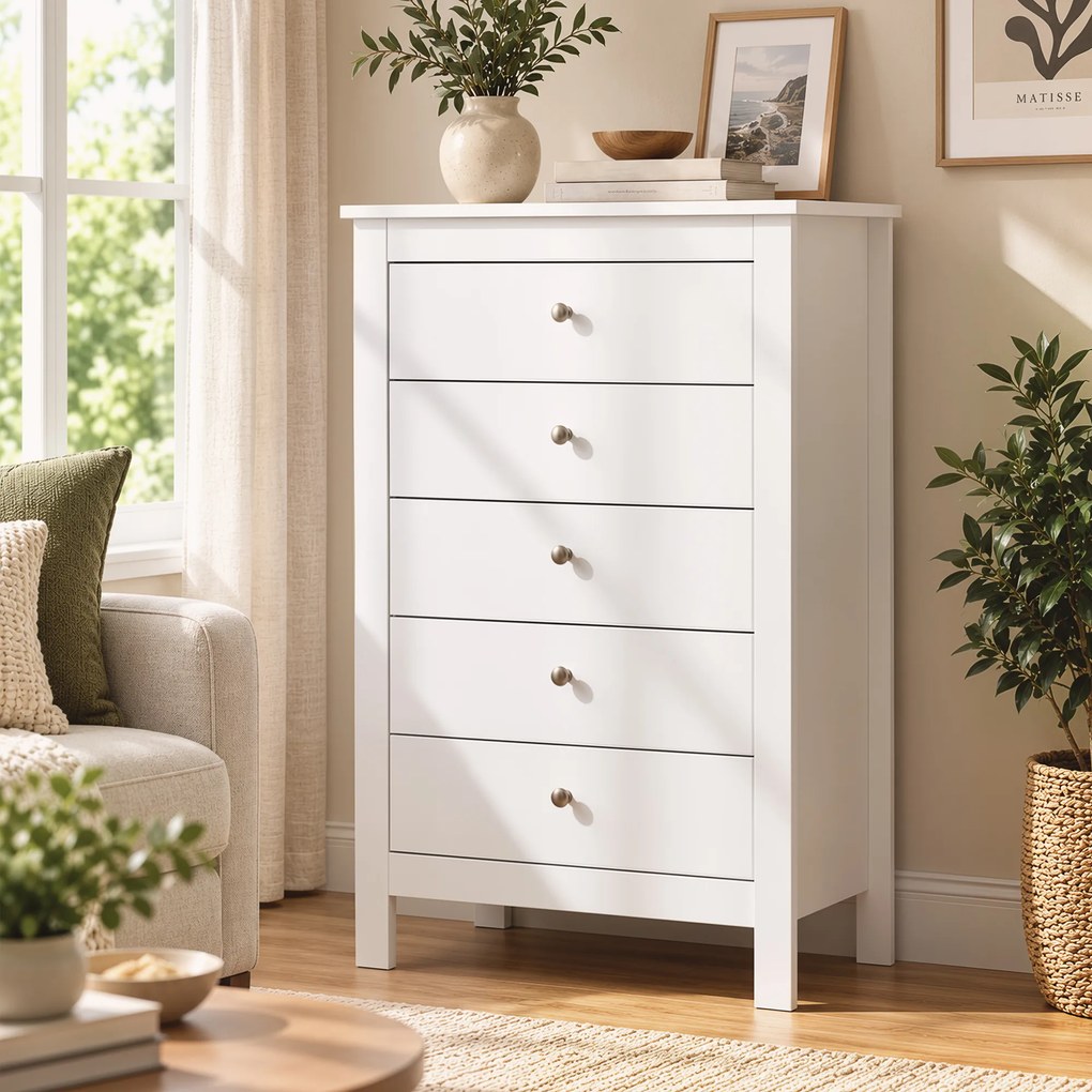 HOMCOM Komoda z 5 szufladami, mebel z łatwo wysuwającymi się prowadnicami do sypialni, 60 x 39,5 x 95,3 cm, Biały | Aosom PL