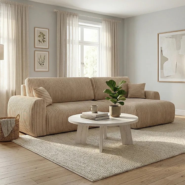 Stylowy narożnik rozkładany prawostronny  ARIEL L 246x150x87 cm w tkaninie Velo  22 kremowej