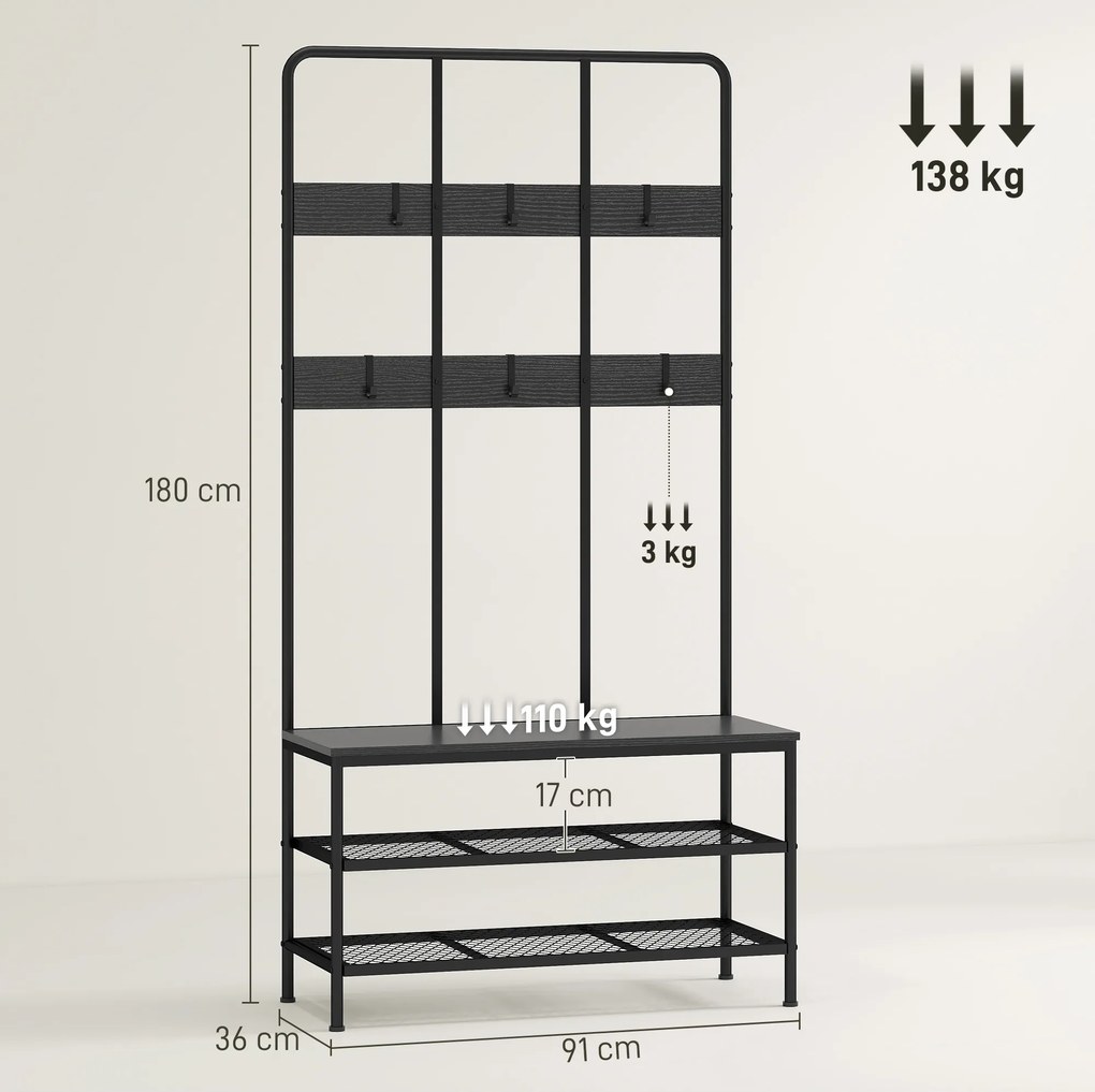 HOMCOM 3-w-1 Wieszak, haki na odzież, ławka, regał na buty, metal, płyta wiórowa, Czarny