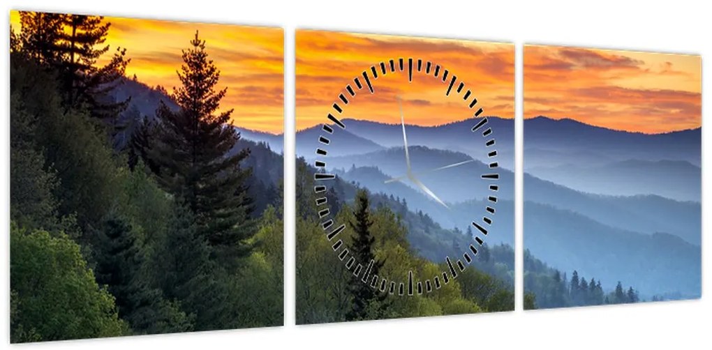 Obraz - Czerwone chmury w górach (z zegarem) (90x30 cm)