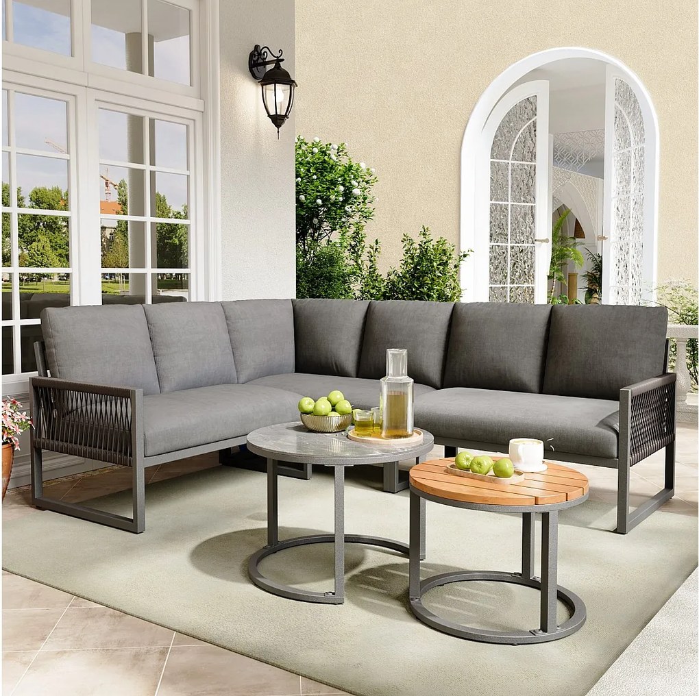 Zestaw mebli ogrodowych modułowych z ocynkowanego żelaza: 3 dwuosobowe sofy + składane stoliki kawowe - Szary