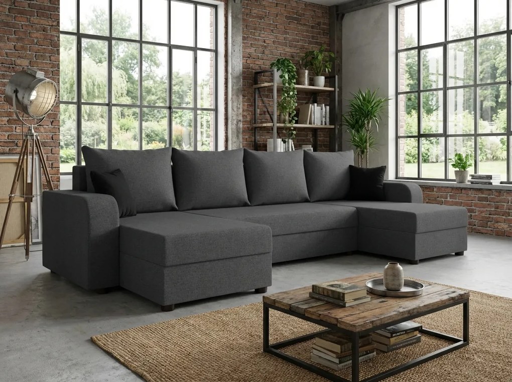 Rozkładana sofa narożna w kształcie U VALERIO 305x140 cm, ciemnoszara