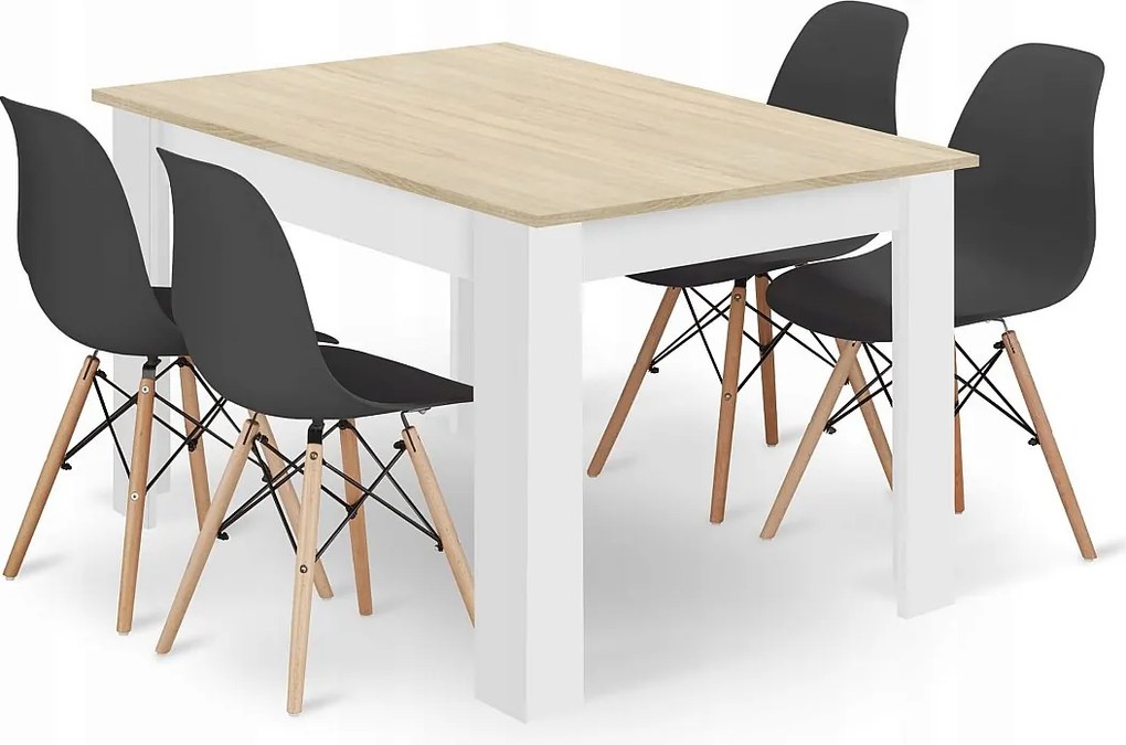 Zestaw stołowy prostokątny Valora dąb Sonoma + 4 czarne krzesła x4