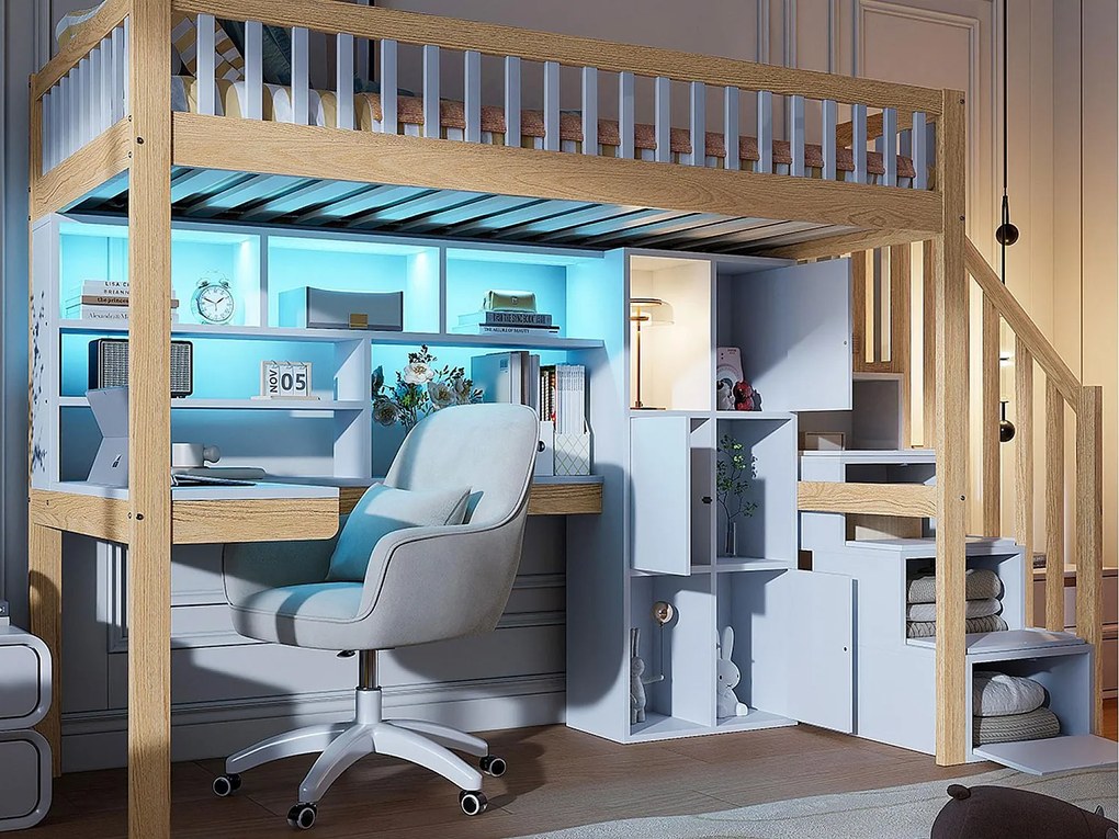Łóżko piętrowe 90×200 cm - z oświetleniem LED - schody ze schowkiem + półki - z biurkiem - białe + naturalne (materac nie jest zawarty)