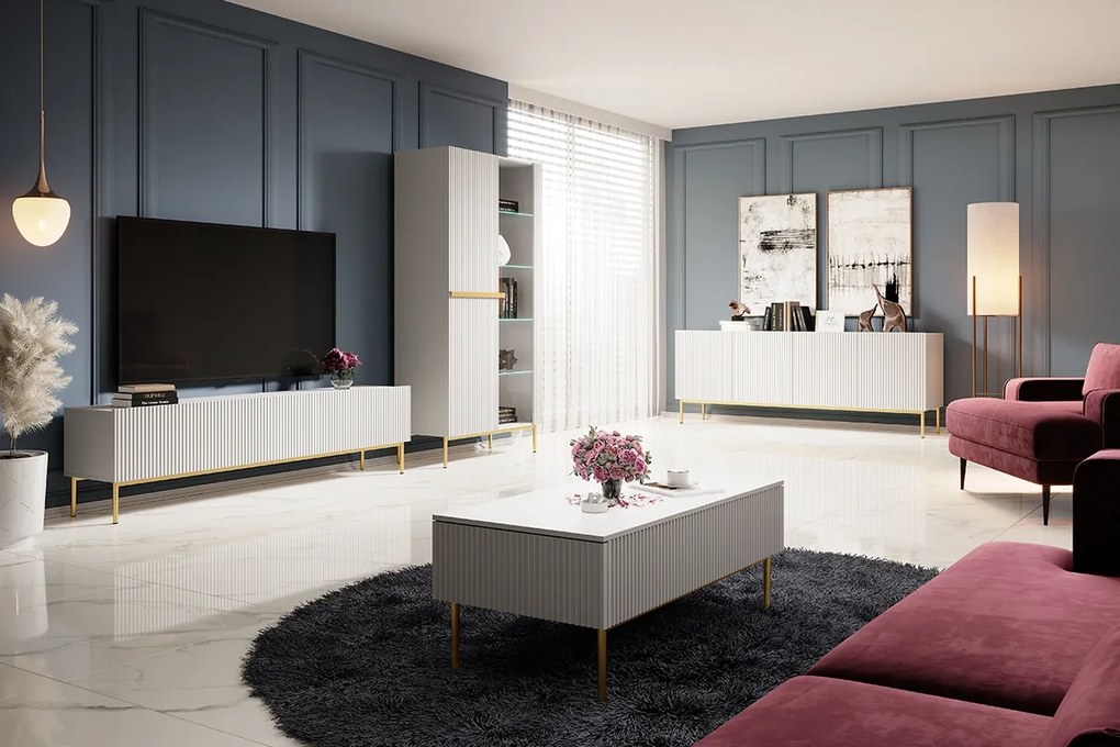 Witryna Nicole 100 cm z ryflowanym frontem - biały mat / złote nóżki