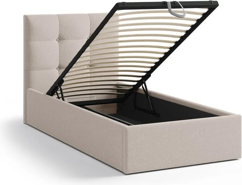 Jasnobrązowe tapicerowane łóżko jednoosobowe ze schowkiem ze stelażem 90x200 cm Phaedra – Micadoni